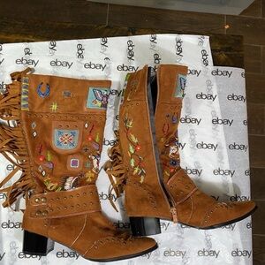 Vintage Western Fringe Embroidered Suede Cowgirl Boots Brown Studded